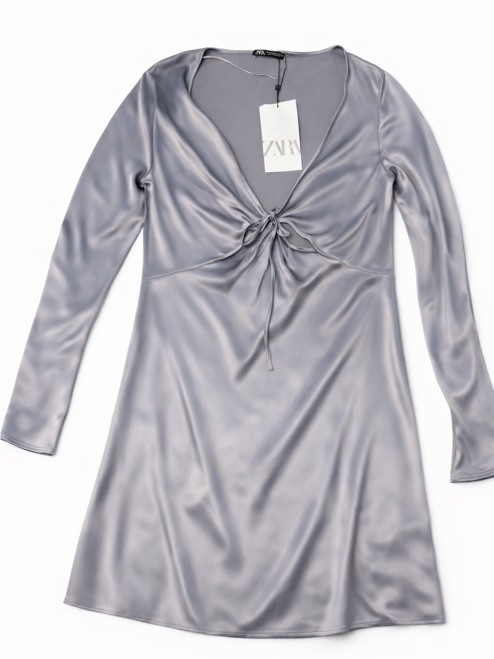 Zara Silver Satin Tie Front Mini Dress Long Sleeve Size M Night Out Chic - Picture 2 of 2